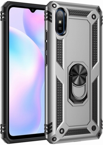 Xiaomi Redmi 9A Kılıf Silikon Zırhlı Standlı Yüzüklü Mıknatıslı Tank Kapak - Gümüş