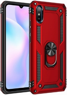 Xiaomi Redmi 9A Kılıf Silikon Zırhlı Standlı Yüzüklü Mıknatıslı Tank Kapak - Kırmızı