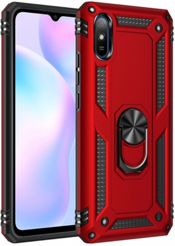 Xiaomi Redmi 9A Kılıf Silikon Zırhlı Standlı Yüzüklü Mıknatıslı Tank Kapak - Kırmızı