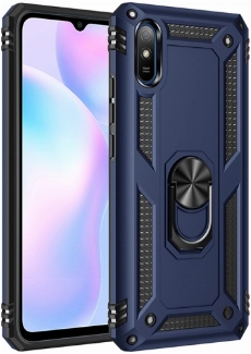 Xiaomi Redmi 9A Kılıf Silikon Zırhlı Standlı Yüzüklü Mıknatıslı Tank Kapak - Lacivert