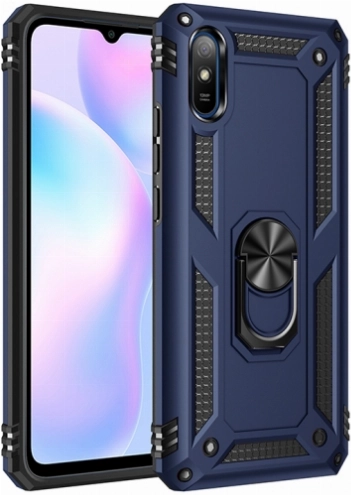 Xiaomi Redmi 9A Kılıf Silikon Zırhlı Standlı Yüzüklü Mıknatıslı Tank Kapak - Lacivert