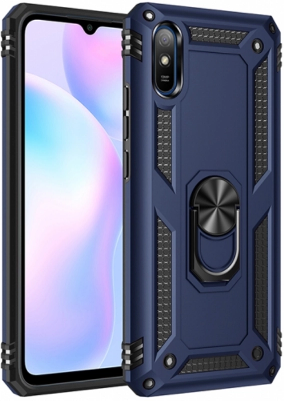 Xiaomi Redmi 9A Kılıf Silikon Zırhlı Standlı Yüzüklü Mıknatıslı Tank Kapak - Lacivert