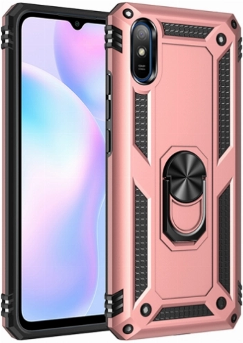 Xiaomi Redmi 9A Kılıf Silikon Zırhlı Standlı Yüzüklü Mıknatıslı Tank Kapak - Rose Gold