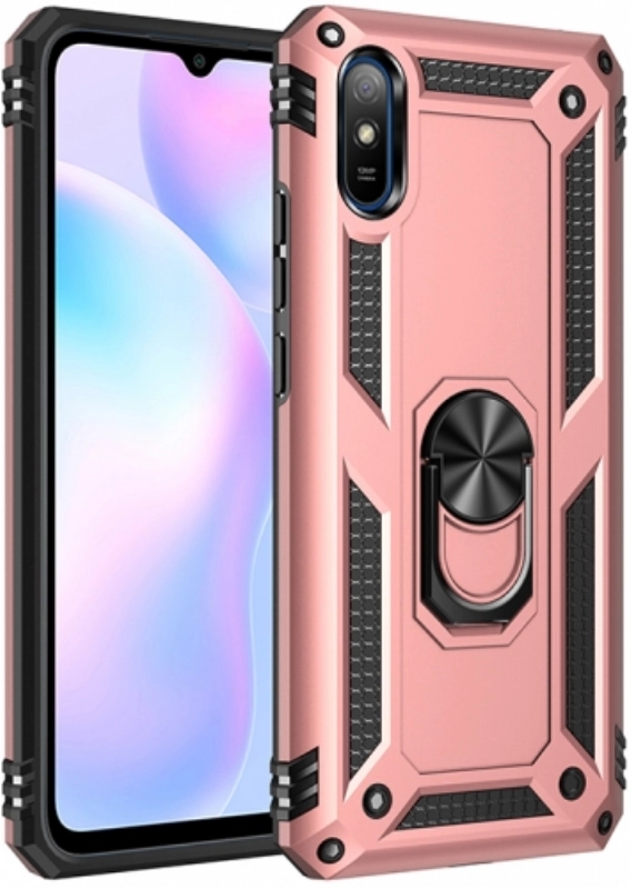 Xiaomi Redmi 9A Kılıf Silikon Zırhlı Standlı Yüzüklü Mıknatıslı Tank Kapak - Rose Gold