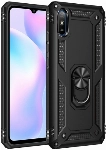 Xiaomi Redmi 9A Kılıf Silikon Zırhlı Standlı Yüzüklü Mıknatıslı Tank Kapak - Siyah