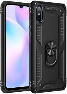 Xiaomi Redmi 9A Kılıf Silikon Zırhlı Standlı Yüzüklü Mıknatıslı Tank Kapak - Siyah