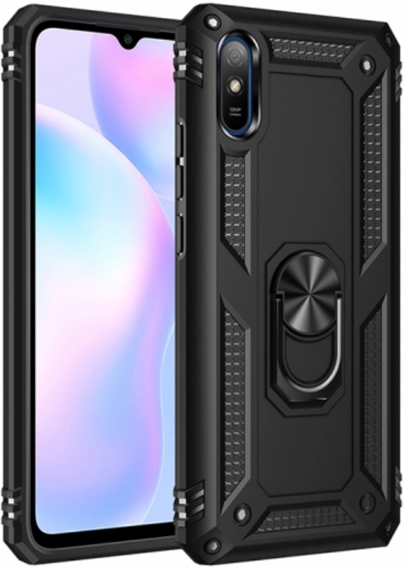 Xiaomi Redmi 9A Kılıf Silikon Zırhlı Standlı Yüzüklü Mıknatıslı Tank Kapak - Siyah