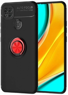 Xiaomi Redmi 9C Kılıf Renkli Silikon Yüzüklü Standlı Auto Focus Ravel Kapak - Kırmızı - Siyah