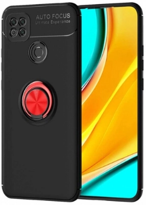 Xiaomi Redmi 9C Kılıf Renkli Silikon Yüzüklü Standlı Auto Focus Ravel Kapak - Kırmızı - Siyah