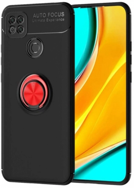 Xiaomi Redmi 9C Kılıf Renkli Silikon Yüzüklü Standlı Auto Focus Ravel Kapak - Kırmızı - Siyah