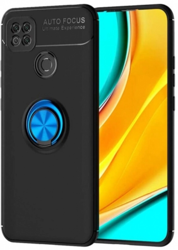 Xiaomi Redmi 9C Kılıf Renkli Silikon Yüzüklü Standlı Auto Focus Ravel Kapak - Mavi - Siyah