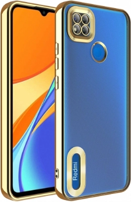 Xiaomi Redmi 9C Kılıf Kamera Lens Korumalı Şeffaf Renkli Logo Gösteren Parlak Kapak - Gold