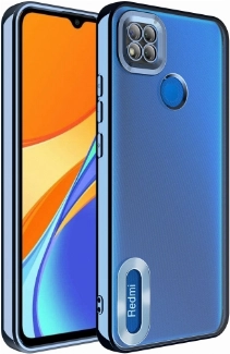 Xiaomi Redmi 9C Kılıf Kamera Lens Korumalı Şeffaf Renkli Logo Gösteren Parlak Kapak - Mavi