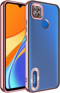 Xiaomi Redmi 9C Kılıf Kamera Lens Korumalı Şeffaf Renkli Logo Gösteren Parlak Kapak - Rose Gold