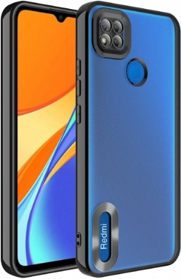 Xiaomi Redmi 9C Kılıf Kamera Lens Korumalı Şeffaf Renkli Logo Gösteren Parlak Kapak - Siyah