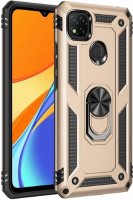 Xiaomi Redmi 9C Kılıf Silikon Zırhlı Standlı Yüzüklü Mıknatıslı Tank Kapak - Gold