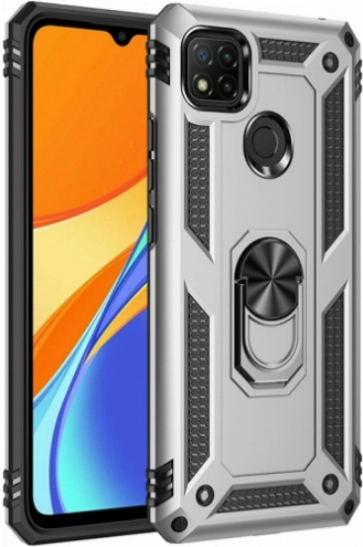 Xiaomi Redmi 9C Kılıf Silikon Zırhlı Standlı Yüzüklü Mıknatıslı Tank Kapak - Gri