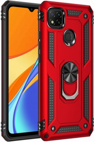 Xiaomi Redmi 9C Kılıf Silikon Zırhlı Standlı Yüzüklü Mıknatıslı Tank Kapak - Kırmızı