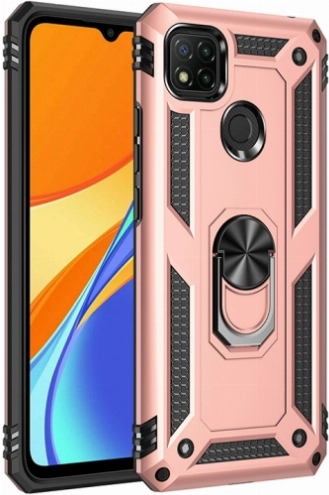 Xiaomi Redmi 9C Kılıf Silikon Zırhlı Standlı Yüzüklü Mıknatıslı Tank Kapak - Rose Gold