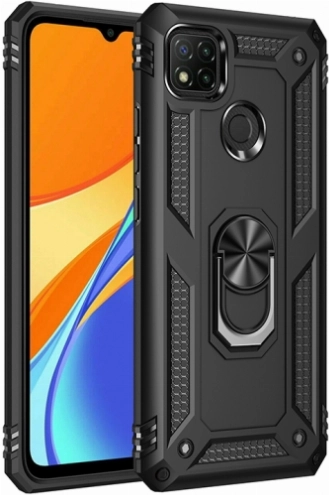 Xiaomi Redmi 9C Kılıf Silikon Zırhlı Standlı Yüzüklü Mıknatıslı Tank Kapak - Siyah