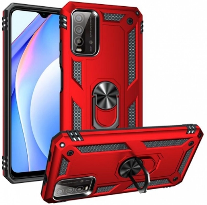 Xiaomi Redmi 9T Kılıf Silikon Zırhlı Standlı Yüzüklü Mıknatıslı Tank Kapak - Kırmızı