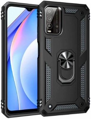 Xiaomi Redmi 9T Kılıf Silikon Zırhlı Standlı Yüzüklü Mıknatıslı Tank Kapak - Siyah