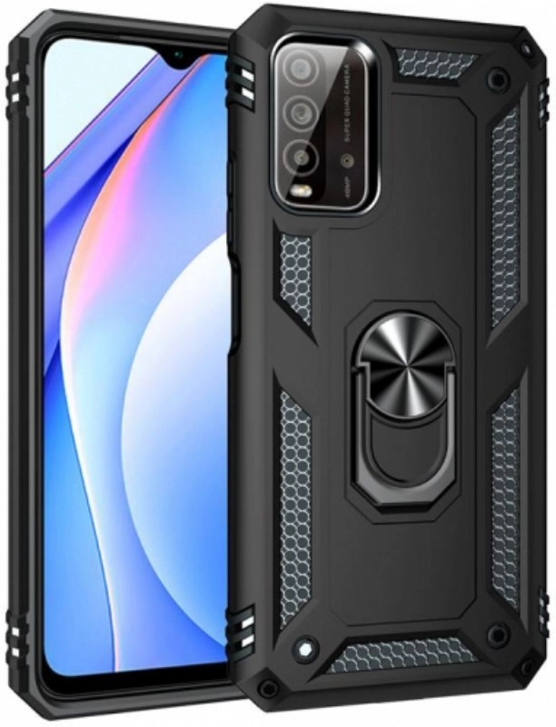 Xiaomi Redmi 9T Kılıf Silikon Zırhlı Standlı Yüzüklü Mıknatıslı Tank Kapak - Siyah