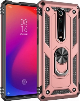 Xiaomi Redmi K20 Kılıf Silikon Zırhlı Standlı Yüzüklü Mıknatıslı Tank Kapak - Rose Gold