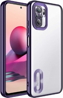 Xiaomi Redmi Note 10 Kılıf Kamera Lens Korumalı Şeffaf Renkli Logo Gösteren Parlak Kapak - Koyu Mor