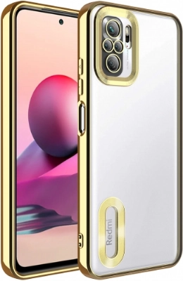 Xiaomi Redmi Note 10 Kılıf Kamera Lens Korumalı Şeffaf Renkli Logo Gösteren Parlak Kapak - Gold