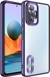 Xiaomi Redmi Note 10 Pro Kılıf Kamera Lens Korumalı Şeffaf Renkli Logo Gösteren Parlak Kapak - Koyu Mor