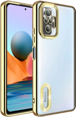 Xiaomi Redmi Note 10 Pro Kılıf Kamera Lens Korumalı Şeffaf Renkli Logo Gösteren Parlak Kapak - Gold