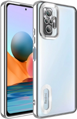 Xiaomi Redmi Note 10 Pro Kılıf Kamera Lens Korumalı Şeffaf Renkli Logo Gösteren Parlak Kapak - Gümüş