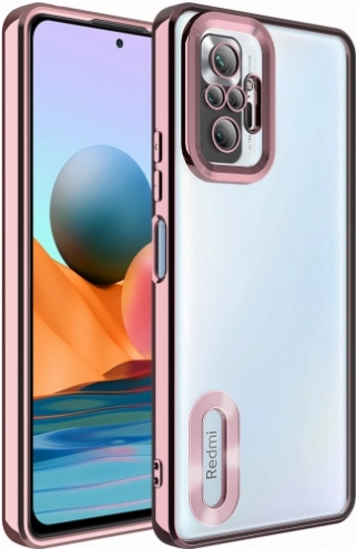 Xiaomi Redmi Note 10 Pro Kılıf Kamera Lens Korumalı Şeffaf Renkli Logo Gösteren Parlak Kapak - Rose Gold