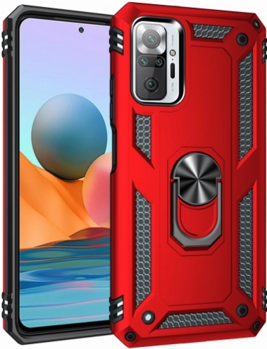 Xiaomi Redmi Note 10 Pro Kılıf Silikon Zırhlı Standlı Yüzüklü Mıknatıslı Tank Kapak - Kırmızı