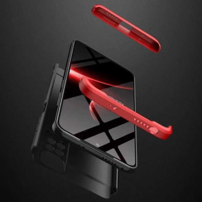Xiaomi Redmi Note 11 Kılıf 3 Parçalı 360 Tam Korumalı Rubber AYS Kapak  - Kırmızı - Siyah