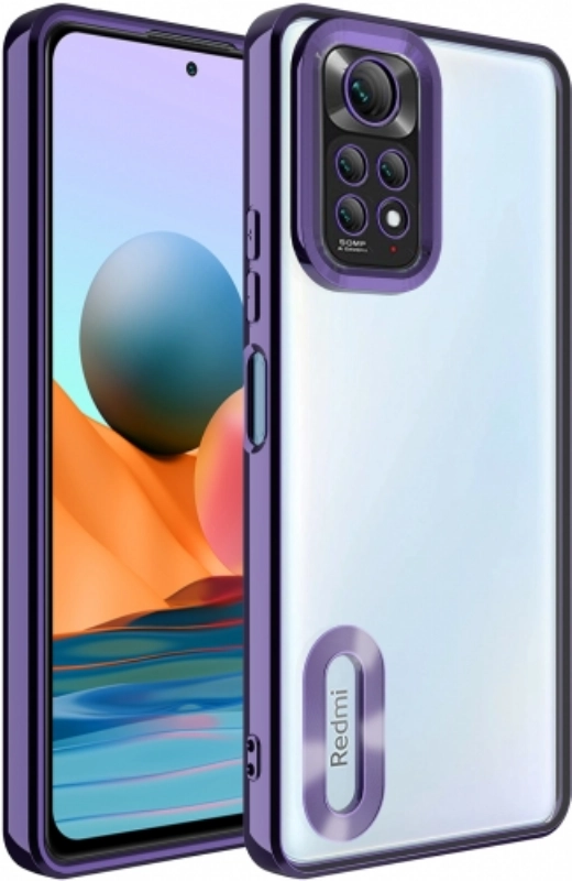 Xiaomi Redmi Note 11 Kılıf Kamera Lens Korumalı Şeffaf Renkli Logo Gösteren Parlak Kapak - Koyu Mor