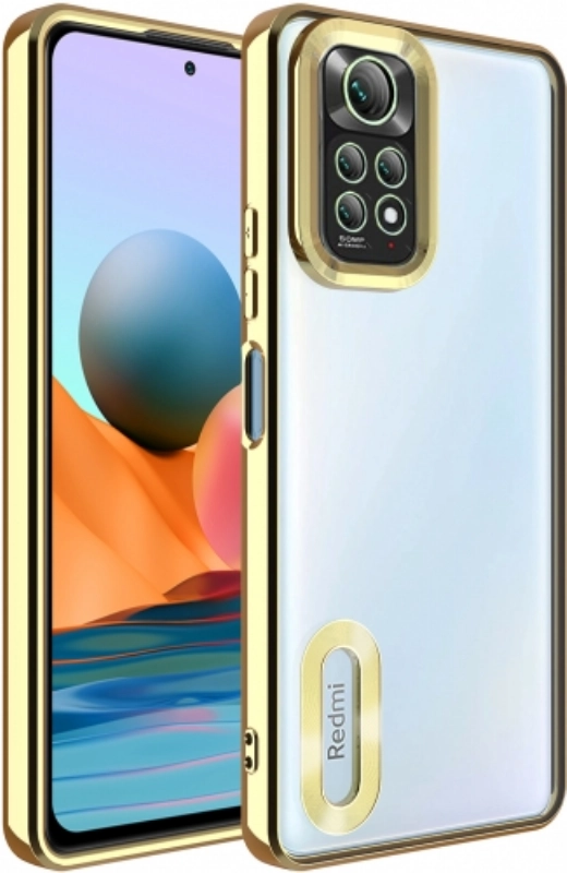 Xiaomi Redmi Note 11 Kılıf Kamera Lens Korumalı Şeffaf Renkli Logo Gösteren Parlak Kapak - Gold