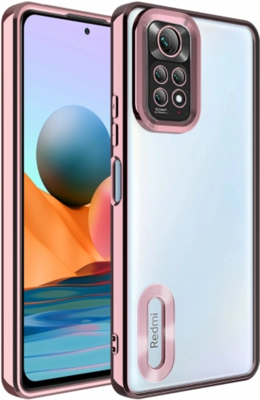 Xiaomi Redmi Note 11 Kılıf Kamera Lens Korumalı Şeffaf Renkli Logo Gösteren Parlak Kapak - Rose Gold