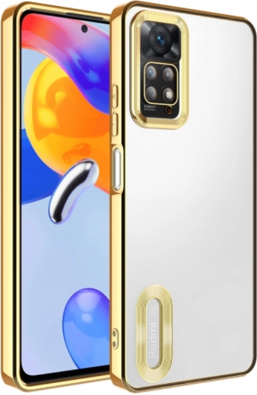 Xiaomi Redmi Note 11 Pro Kılıf Kamera Lens Korumalı Şeffaf Renkli Logo Gösteren Parlak Kapak - Gold