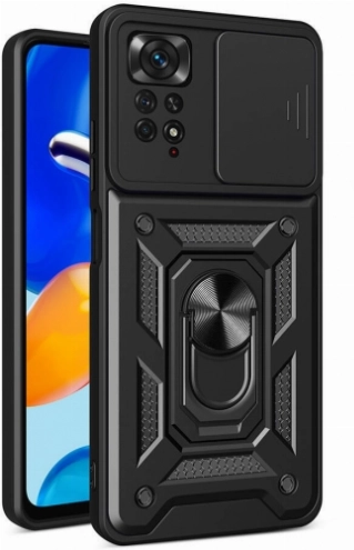 Xiaomi Redmi Note 11 Pro Kılıf Zırhlı Standlı Silikon Sürgülü Kamera Korumalı Tank Kapak - Siyah