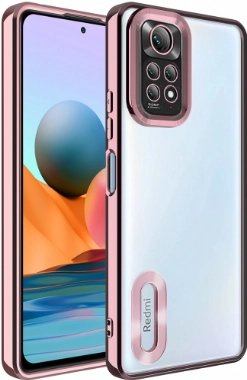 Xiaomi Redmi Note 11s Kılıf Kamera Lens Korumalı Şeffaf Renkli Logo Gösteren Parlak Kapak - Rose Gold