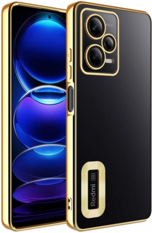 Xiaomi Redmi Note 12 Pro Kılıf Kamera Lens Korumalı Şeffaf Renkli Logo Gösteren Parlak Kapak - Gold