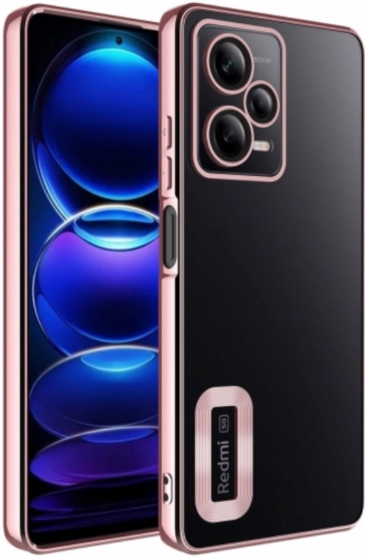 Xiaomi Redmi Note 12 Pro Kılıf Kamera Lens Korumalı Şeffaf Renkli Logo Gösteren Parlak Kapak - Rose Gold