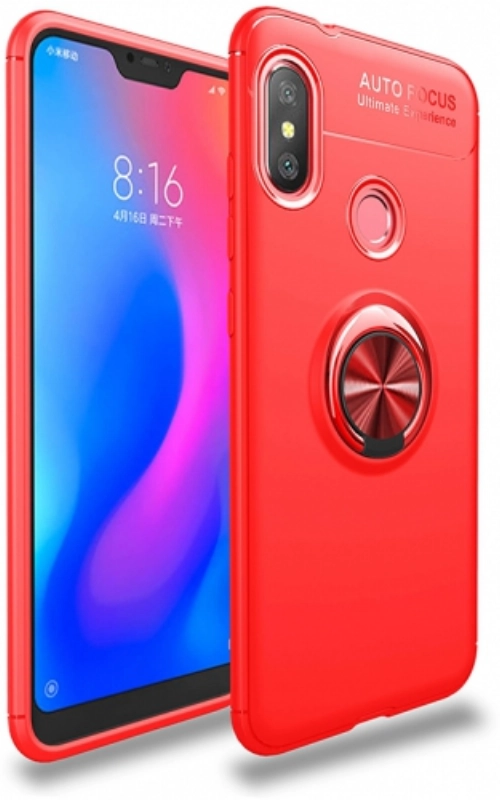 Xiaomi Redmi Note 6 Pro Kılıf Renkli Silikon Yüzüklü Standlı Auto Focus Ravel Kapak - Kırmızı