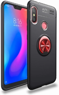 Xiaomi Redmi Note 6 Pro Kılıf Renkli Silikon Yüzüklü Standlı Auto Focus Ravel Kapak - Kırmızı - Siyah