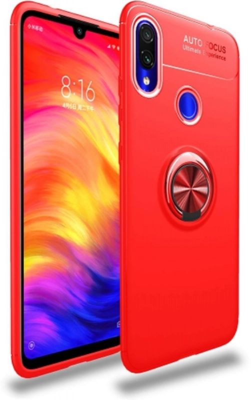 Xiaomi Redmi Note 7 Kılıf Renkli Silikon Yüzüklü Standlı Auto Focus Ravel Kapak - Kırmızı