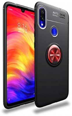 Xiaomi Redmi Note 7 Kılıf Renkli Silikon Yüzüklü Standlı Auto Focus Ravel Kapak - Kırmızı - Siyah