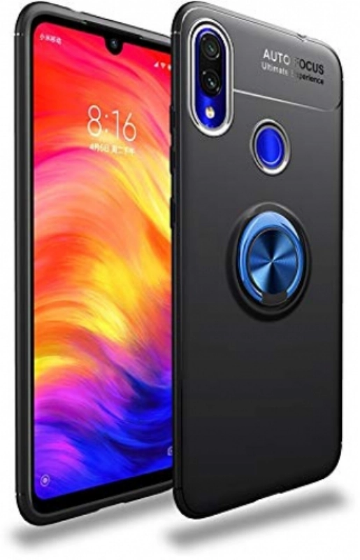 Xiaomi Redmi Note 7 Kılıf Renkli Silikon Yüzüklü Standlı Auto Focus Ravel Kapak - Mavi - Siyah