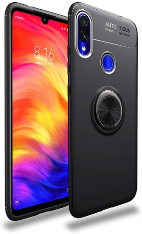 Xiaomi Redmi Note 7 Kılıf Renkli Silikon Yüzüklü Standlı Auto Focus Ravel Kapak - Siyah